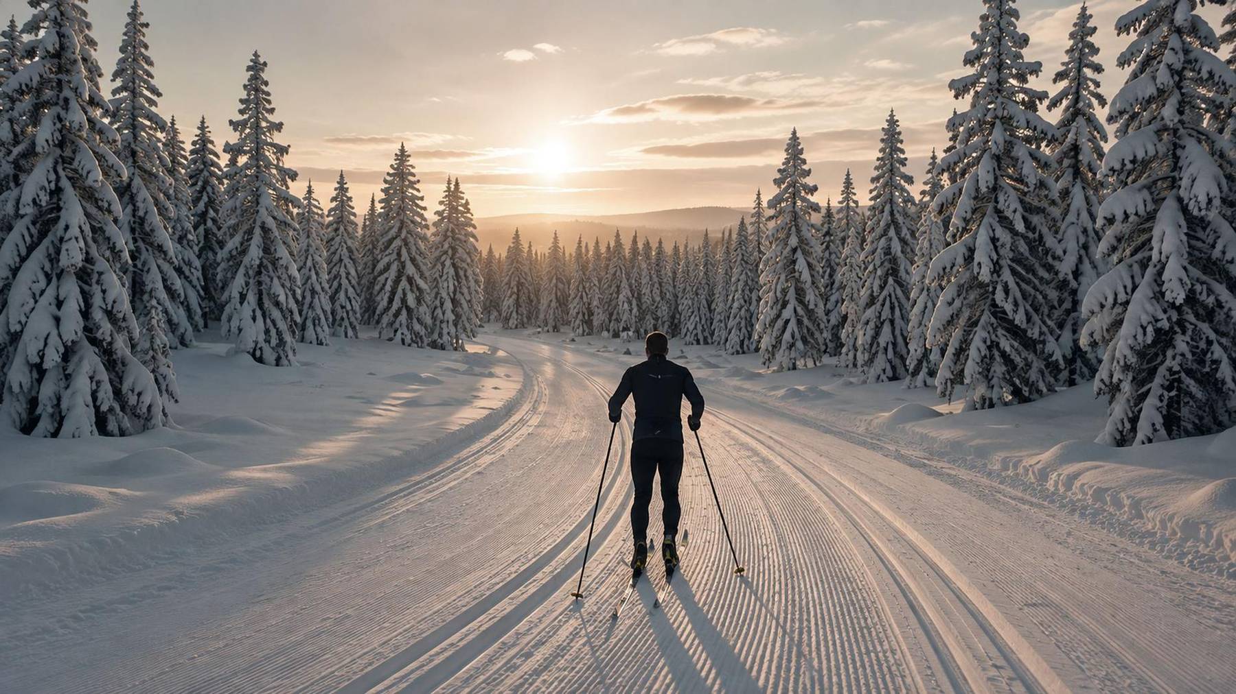 A skier on a groomed forest trail at first light